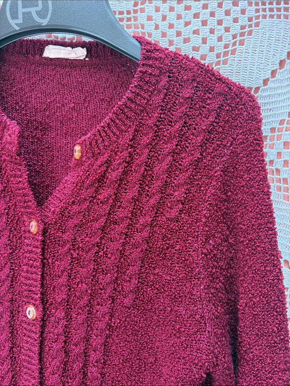 Vintage Burgundy Cable Knit Cardigan - Picture 2 of 7
